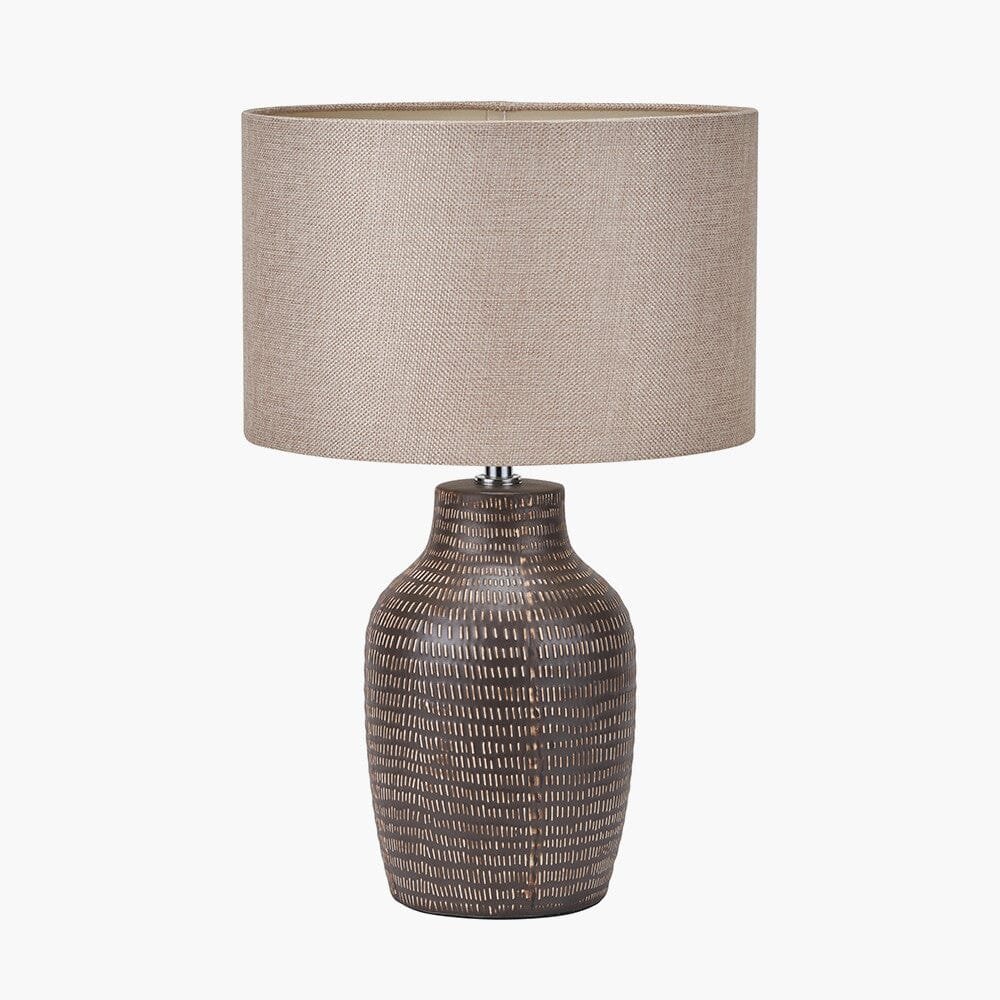 Aris Tall Brown Textured Ceramic Table Lamp with Linen Shade