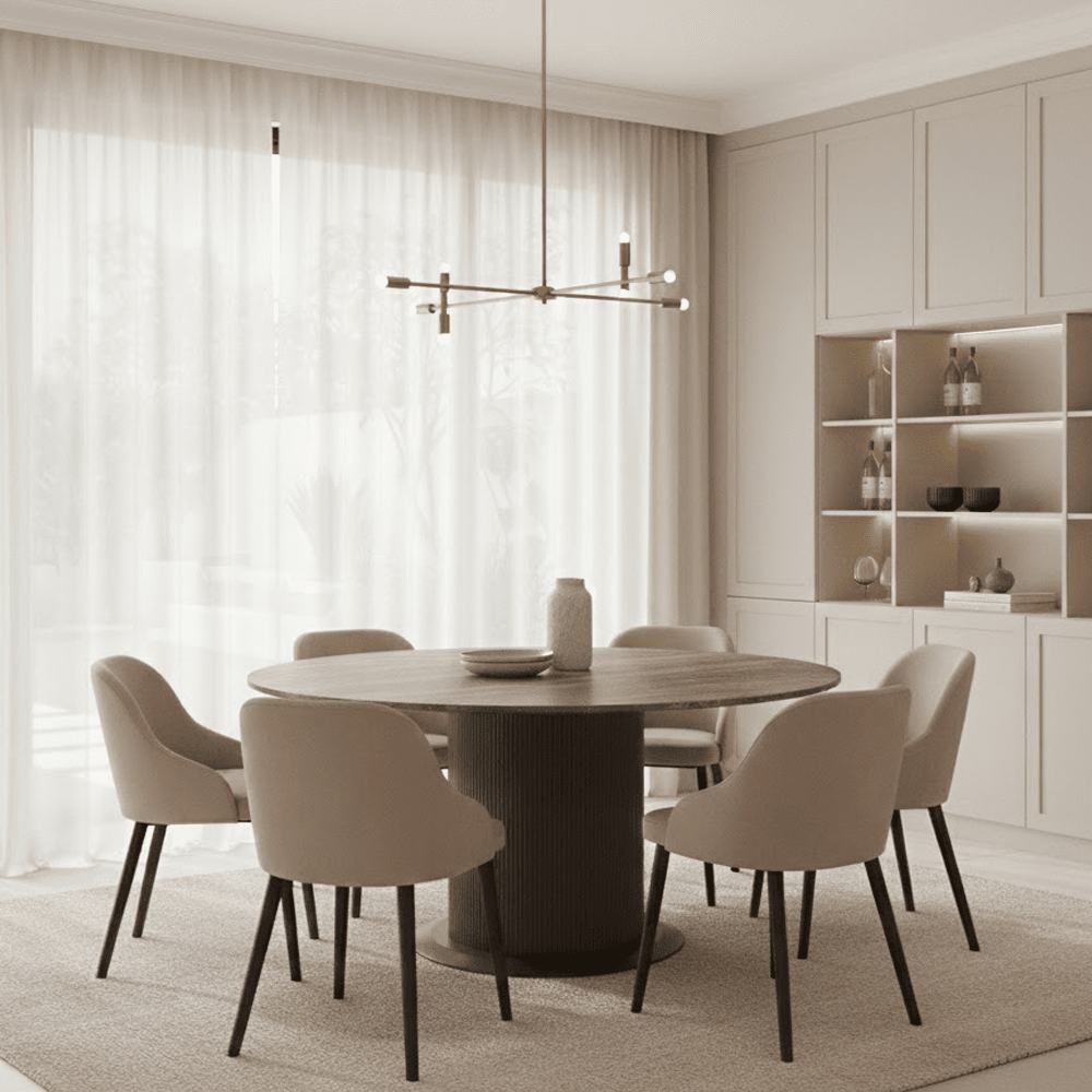 Aya Brown Ribbed Round Dining Table with Travertine Top