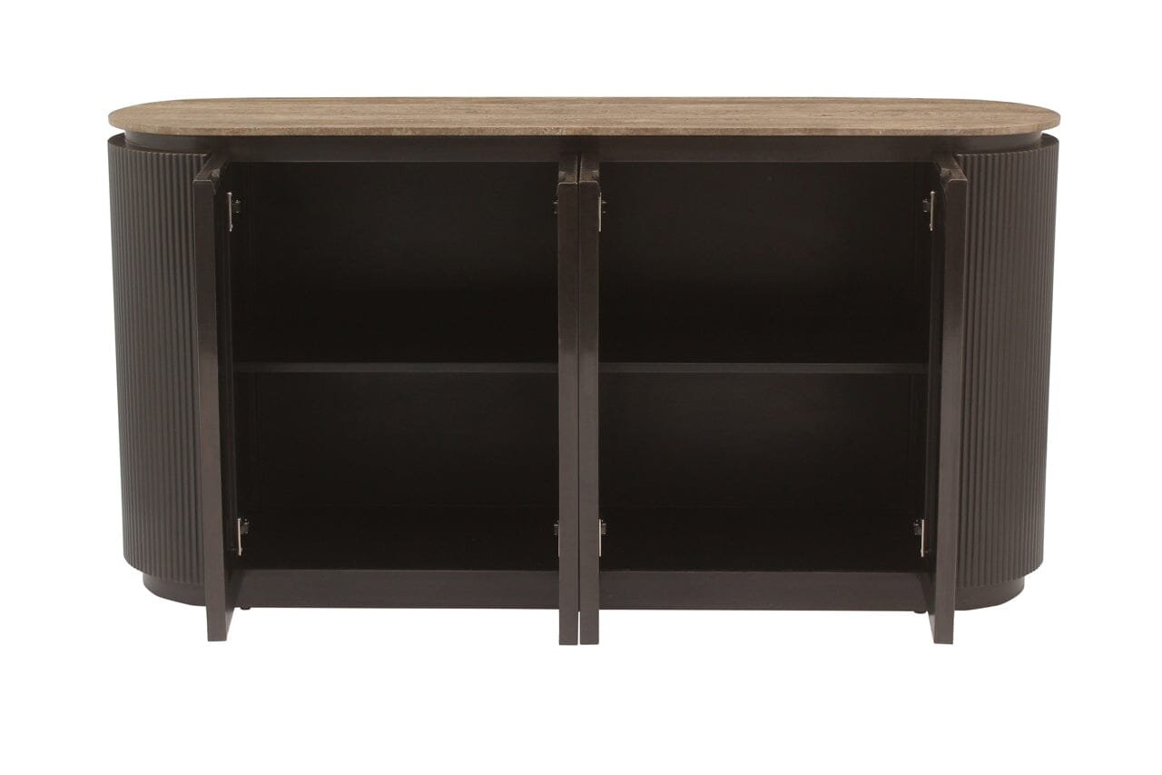 Aya Brown Ribbed Sideboard with Travertine Top
