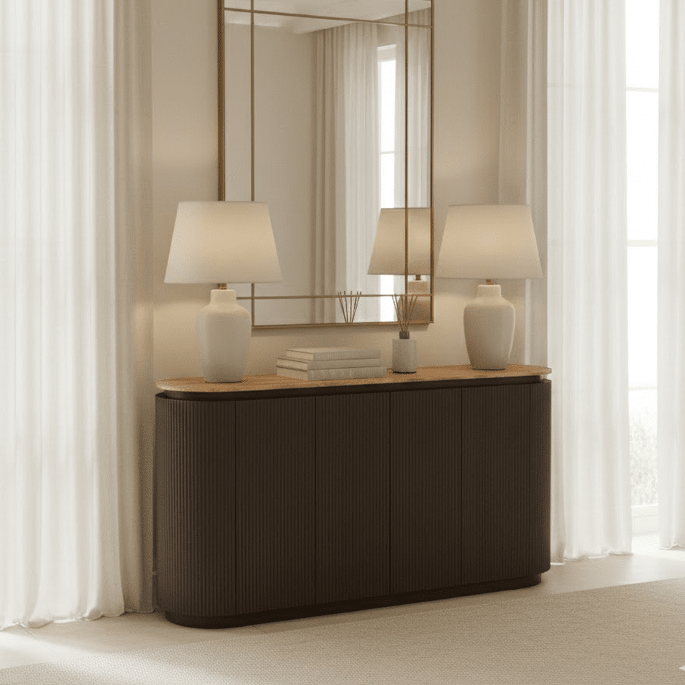 Aya Brown Ribbed Sideboard with Travertine Top
