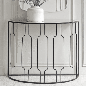 Lorenza Black Metal Half Moon Console Table with Mirrored Top