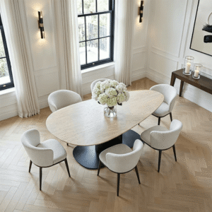 Bordeaux Black Oval Dining Table with Travertine Top