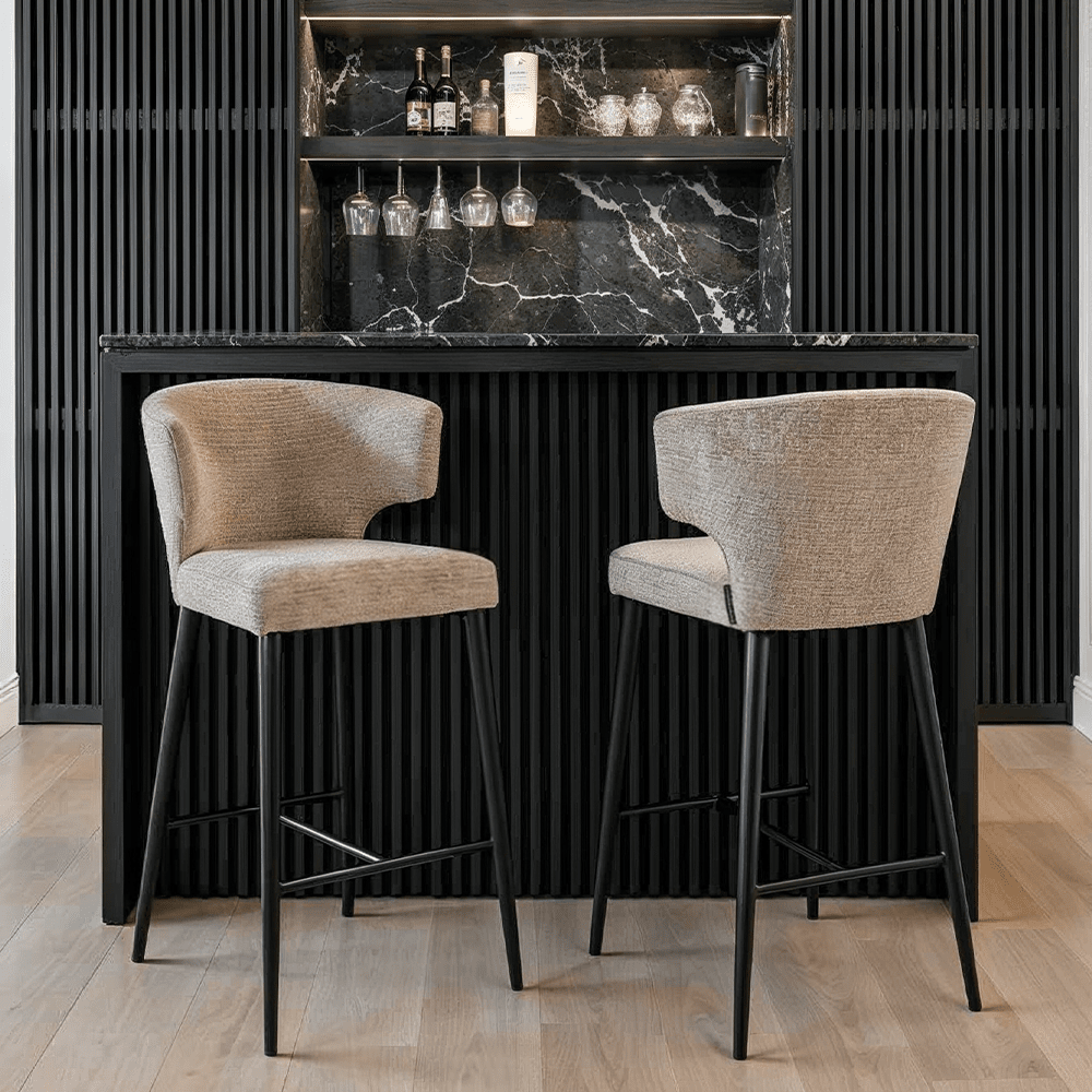 Bourton Beige Chenille Low Bar Stool with Black Legs