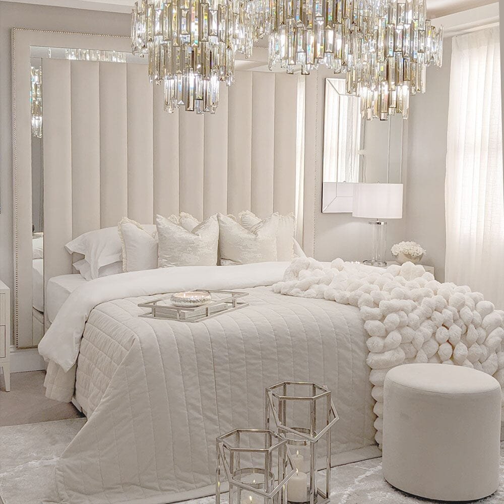 Chelsea Cream Velvet Mirrored Studded Premium Channelled Headboard