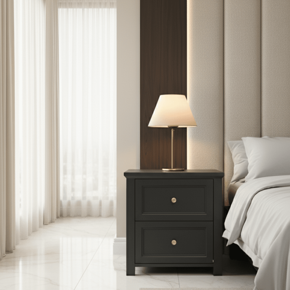 Cynthia Black 2 Drawer Bedside Table with Gold Handles