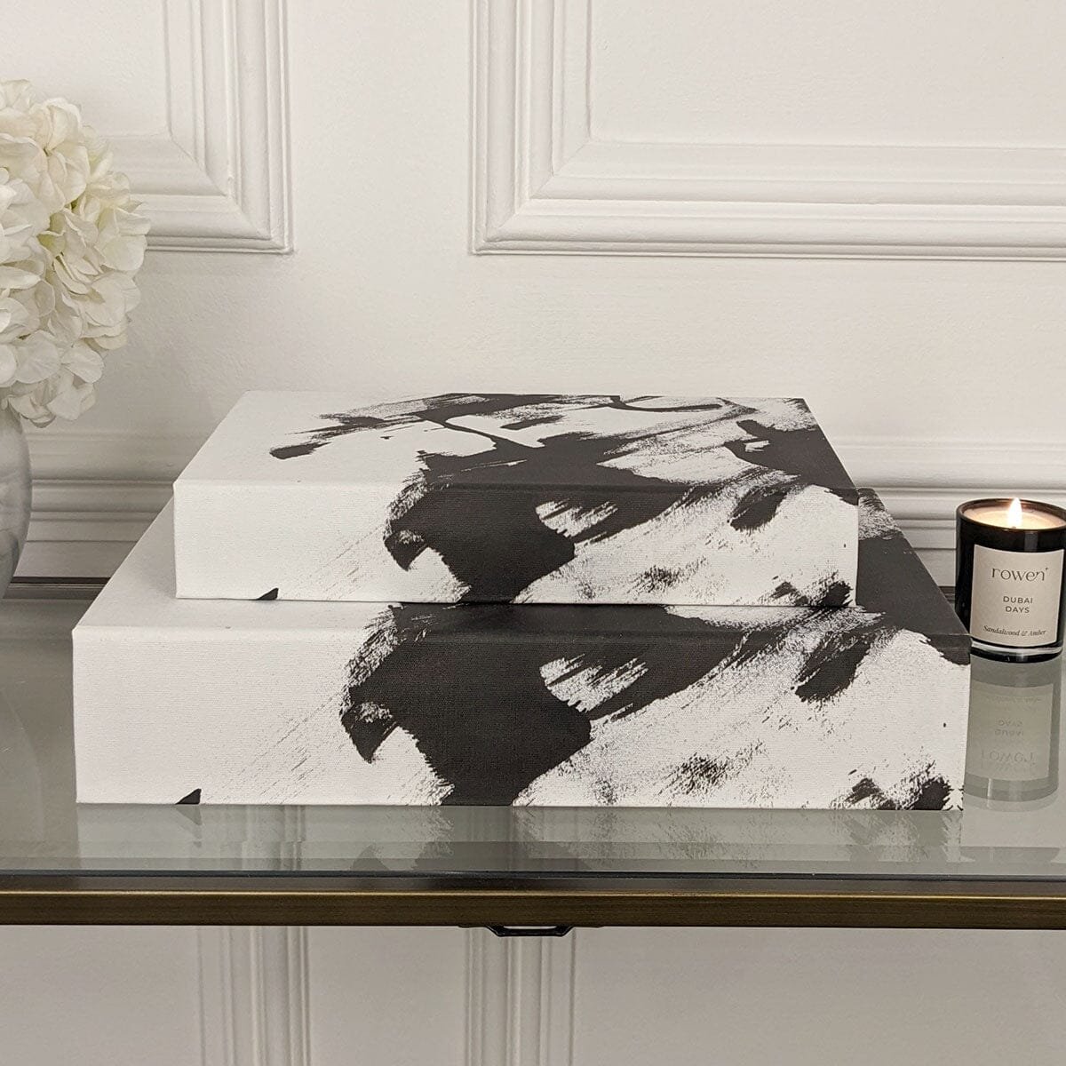 Della Black & White Decorative Brush stroke Effect Book Boxes - Set of 2