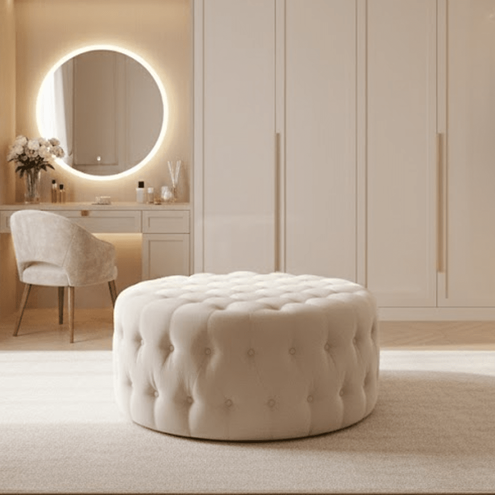 Diele Beige Velvet Round Tufted Footstool
