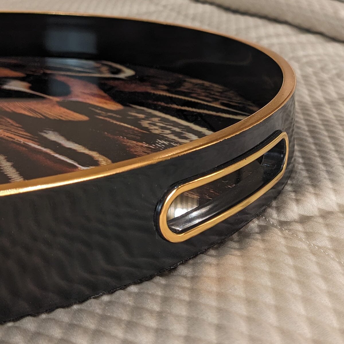 Doppio Black, Gold & Rust Feather Effect Round Decorative Tray