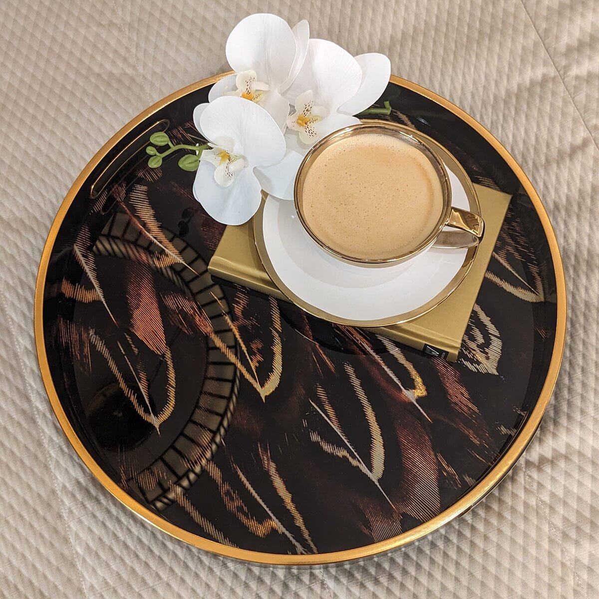 Doppio Black, Gold & Rust Feather Effect Round Decorative Tray