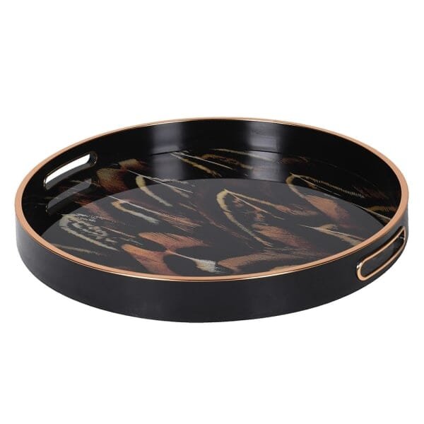 Doppio Black, Gold & Rust Feather Effect Round Decorative Tray