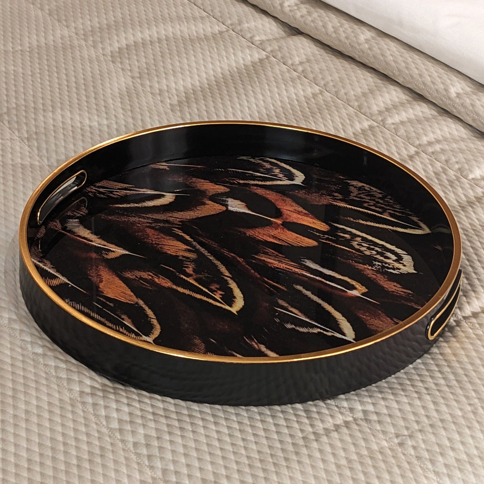 Doppio Black, Gold & Rust Feather Effect Round Decorative Tray