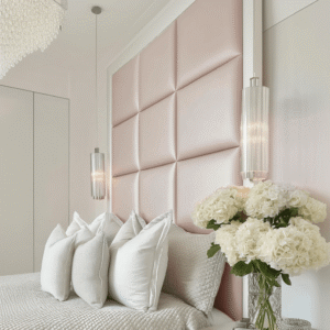 Dream Luxury Pink Satin Squares Headboard with White Wooden Frame