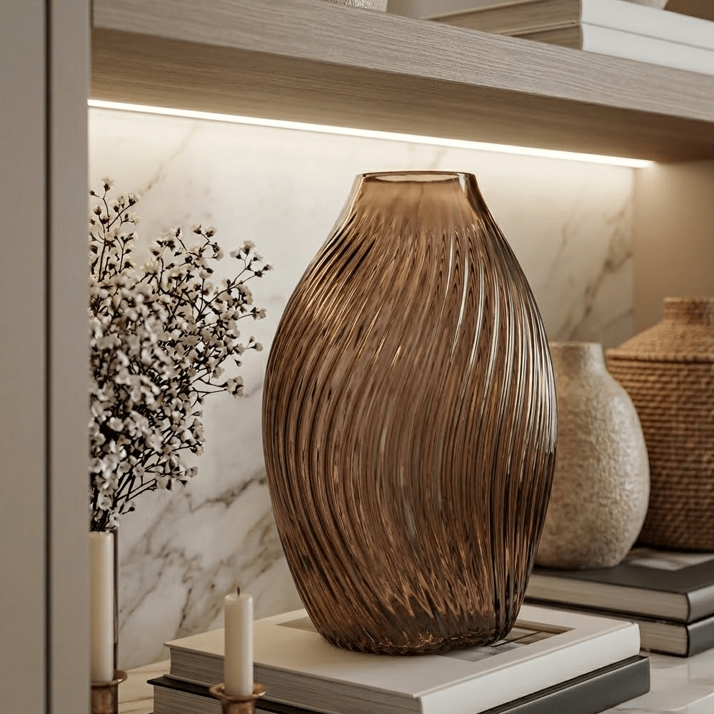Dukes Brown Glass Ribbed Vase