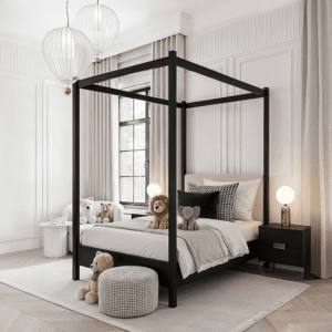 Eden Black 4 Poster Wooden Bed with Cream Velvet Headboard- Single