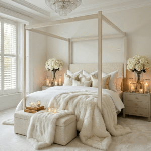 Eden Cream 4 Poster Wooden Bed with Cream Velvet Headboard