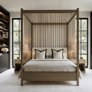 Eden Dark Taupe 4 Poster Wooden Bed with Cream Velvet Headboard