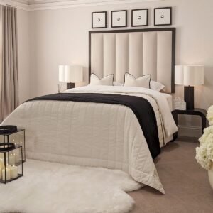 Eleanor Premium Cream Velvet Channelled Headboard with Black Wooden Frame