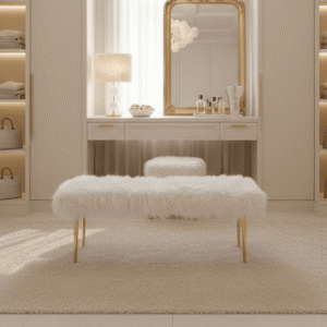 Elinor White Faux Fur Bench with Gold Legs