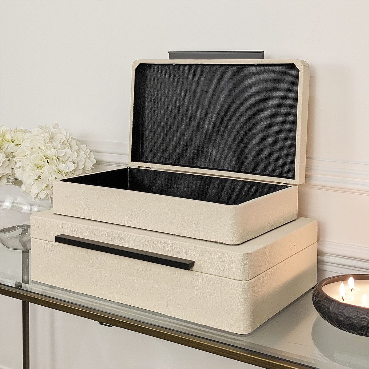 Eliza Luxury Cream Decorative Trinket Boxes with Black Handles - Set of 2