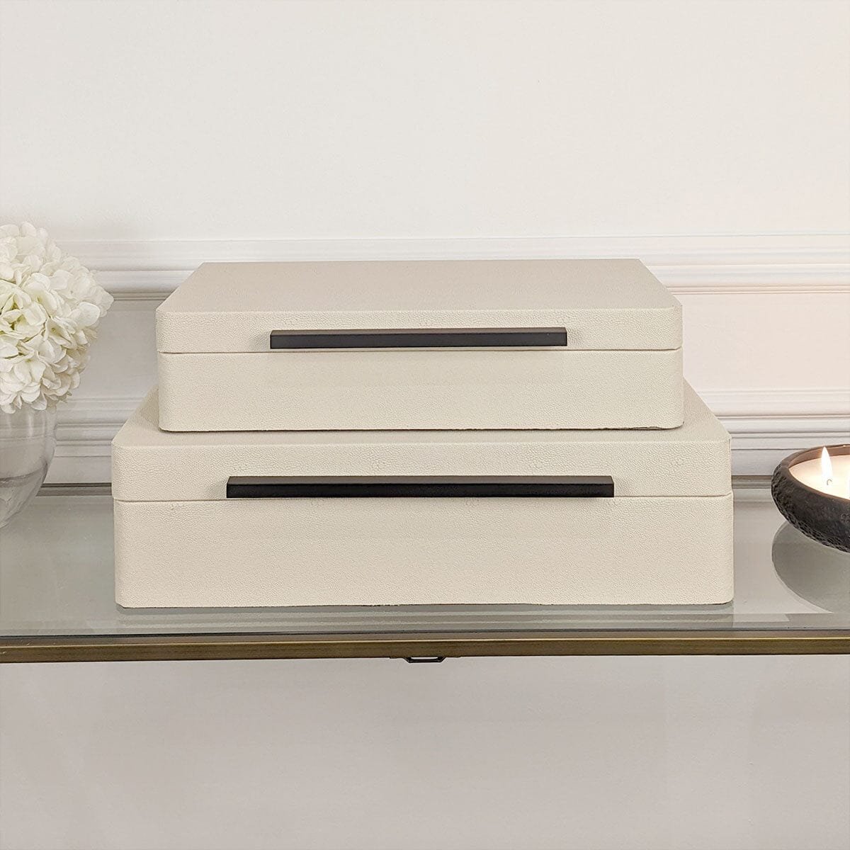 Eliza Luxury Cream Decorative Trinket Boxes with Black Handles - Set of 2