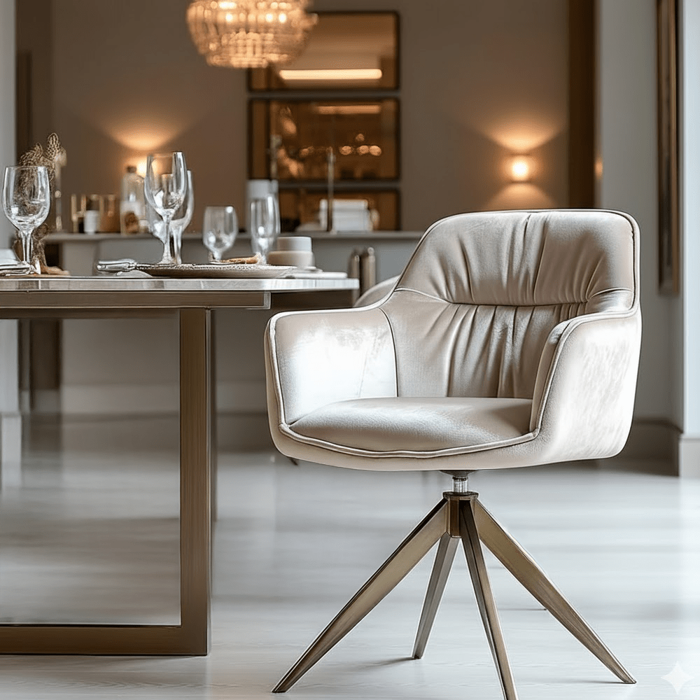 Elvinne Beige Velvet Swivel Dining Chair with Brass Base