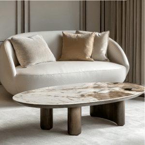 Estrille Brown Oak Veneer Oval Coffee Table with Faux Marble Top