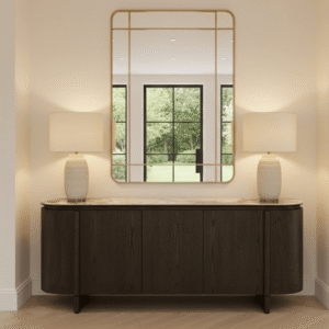 Estrille Brown Oak Veneer Oval Sideboard with Faux Marble Top