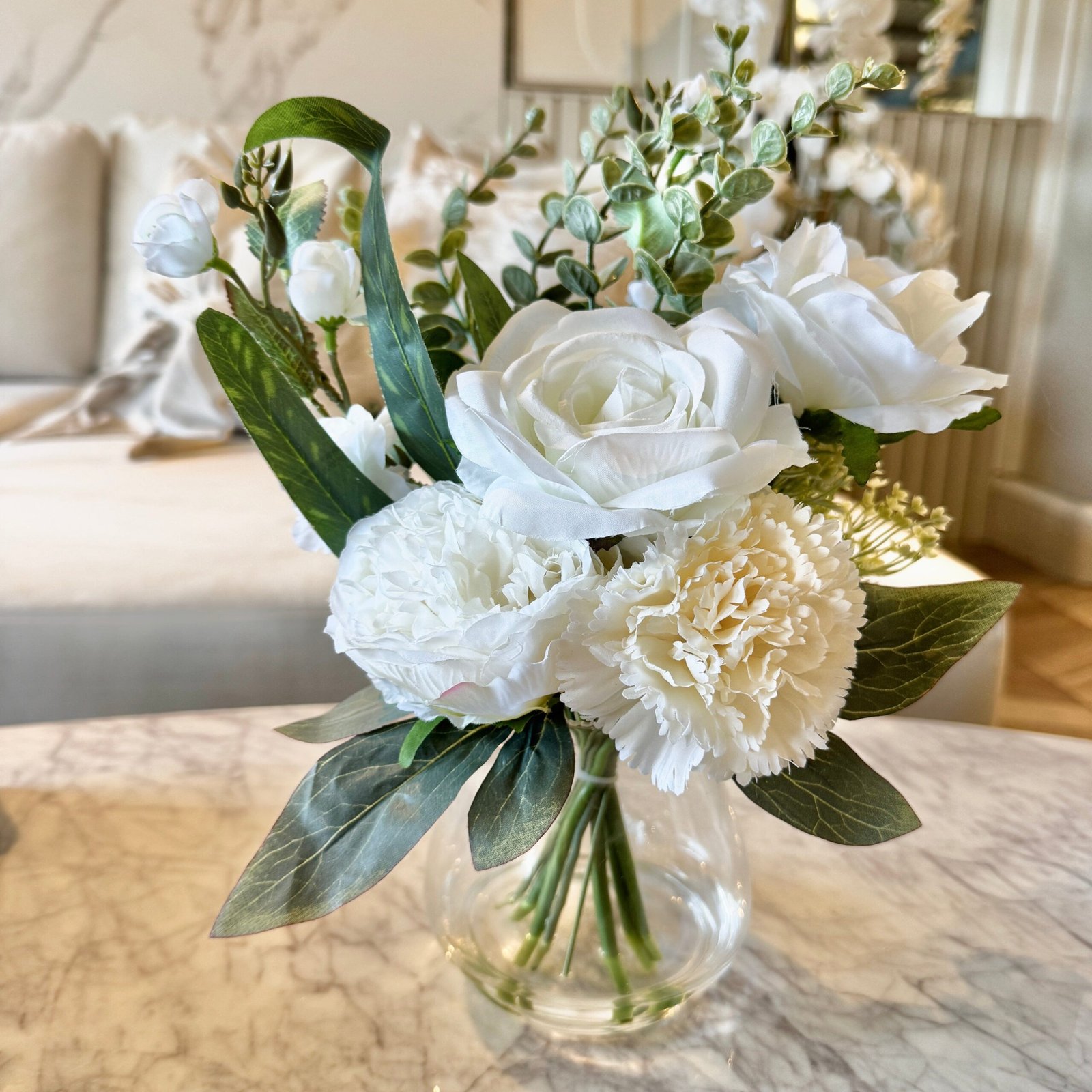 Faux Cream Rose Floral Arrangement in Glass Vase