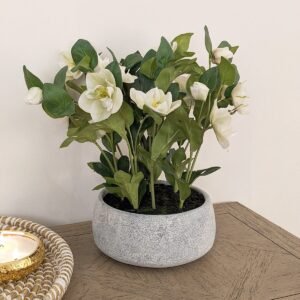 Faux White Hellebore Plant in Stone Pot