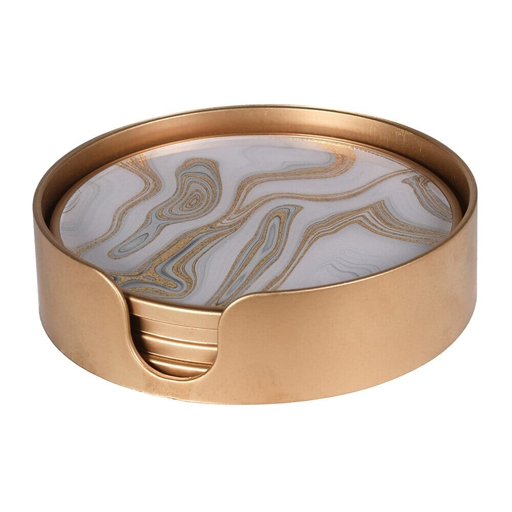 Gold Swirl Marble Effect Coasters with Gold Holder - Set of 4