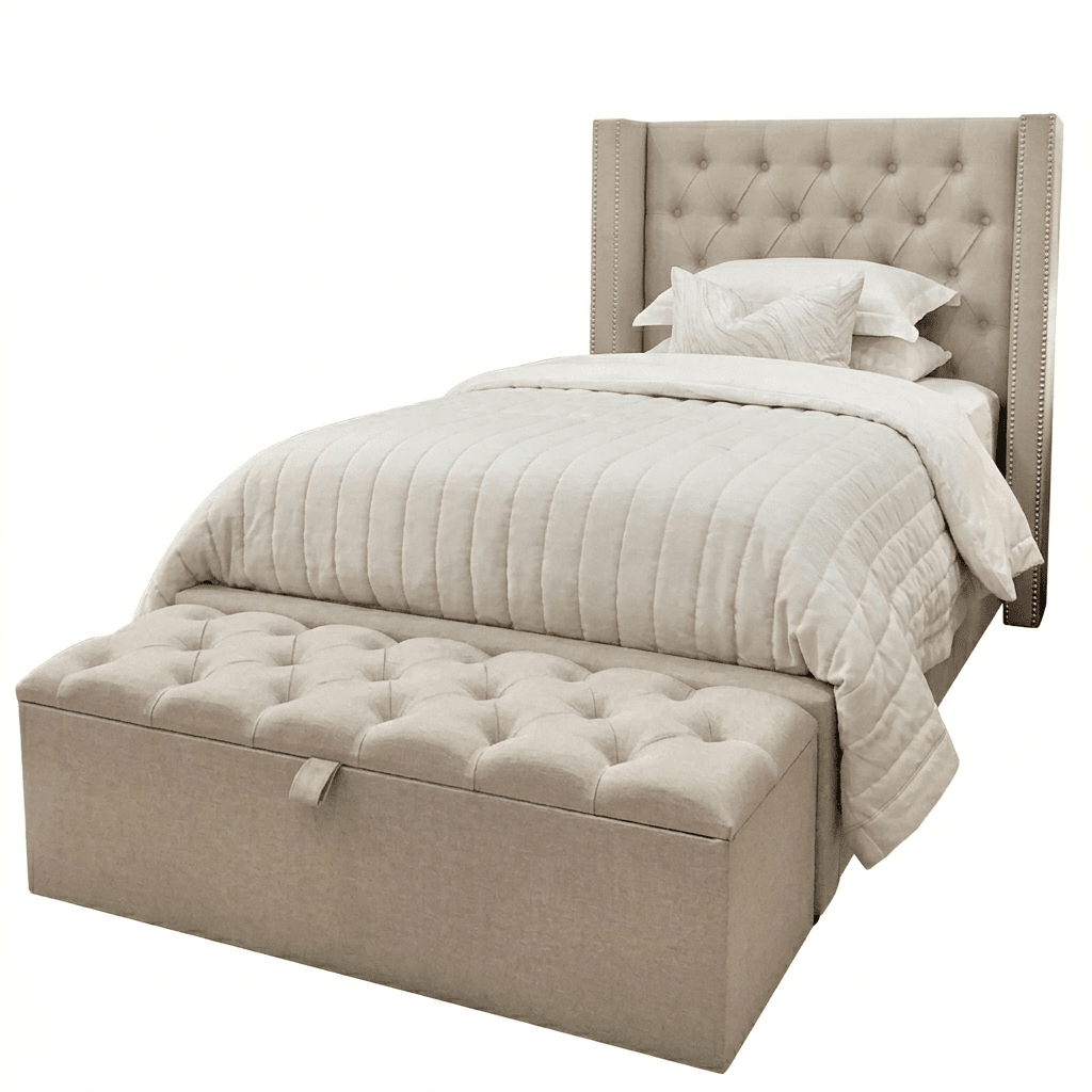 Harper Classic Luxury Grey Tweed Buttoned Silver Stud Wing Chunky Bed - Single