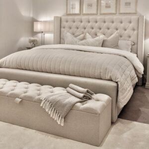 Harper Classic Luxury Grey Tweed Buttoned Silver Stud Wing Chunky Ottoman Storage Bed