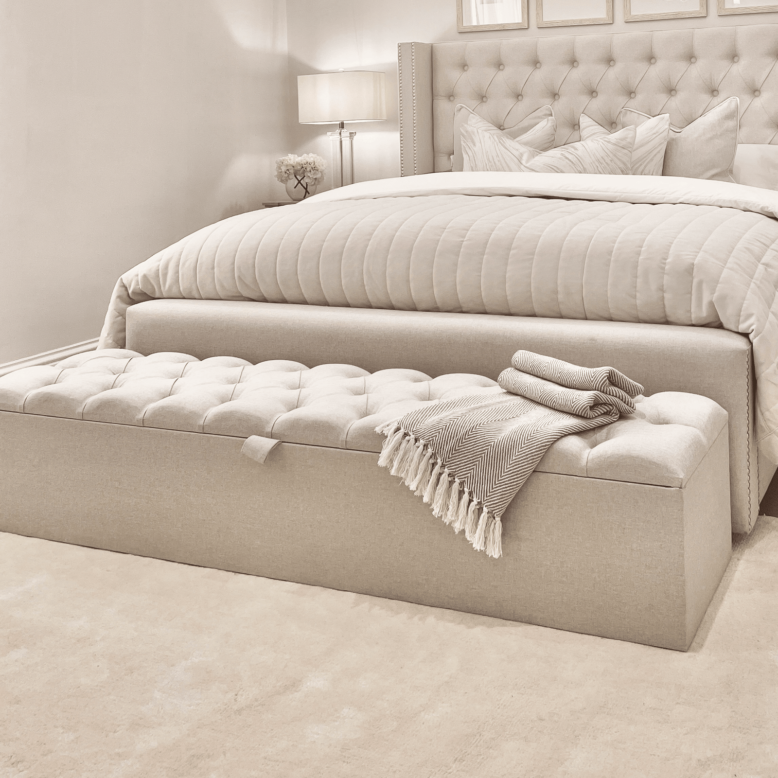 Harper Classic Luxury Grey Tweed Buttoned Ottoman Box