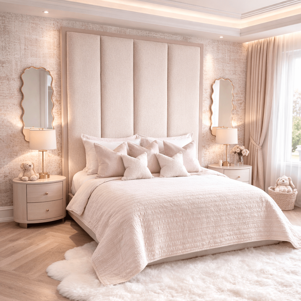 Harrington Almond Woven Channelled Headboard with Soft Pink Frame