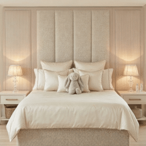 Harrington Almond Woven Channelled Headboard with Soft Pink Frame & Pink Stripe Accent Wings