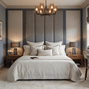 Harrington Graphite Woven Channelled Headboard with Petrol Frame & Blue Striped Accent Wings
