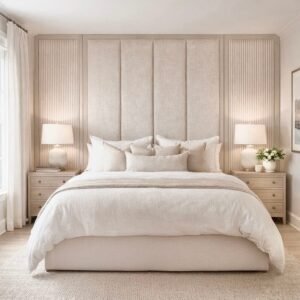 Harrington Natural Woven Channelled Headboard with Light Taupe Frame & Natural Striped Accent Wings