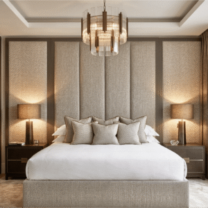 Harrington Pumice Woven Channelled Headboard with Dark Taupe Frame & Cream Chevron Accent Wings