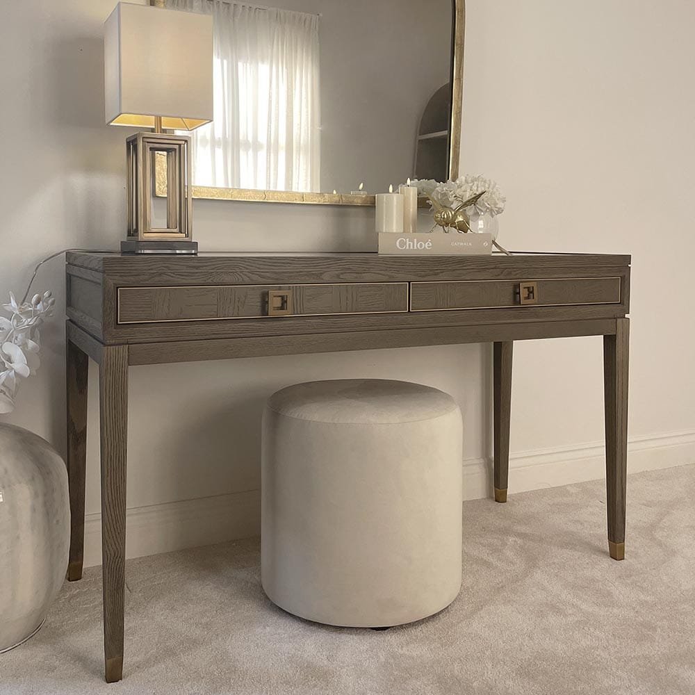 Haye 2 Drawer Chestnut & Gold Dressing Table with Glass Top