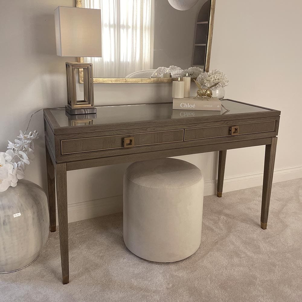 Haye 2 Drawer Chestnut & Gold Dressing Table with Glass Top