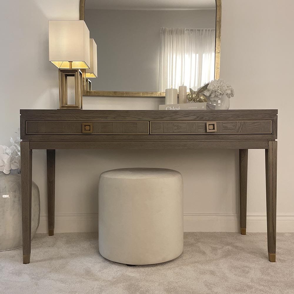 Haye 2 Drawer Chestnut & Gold Dressing Table with Glass Top
