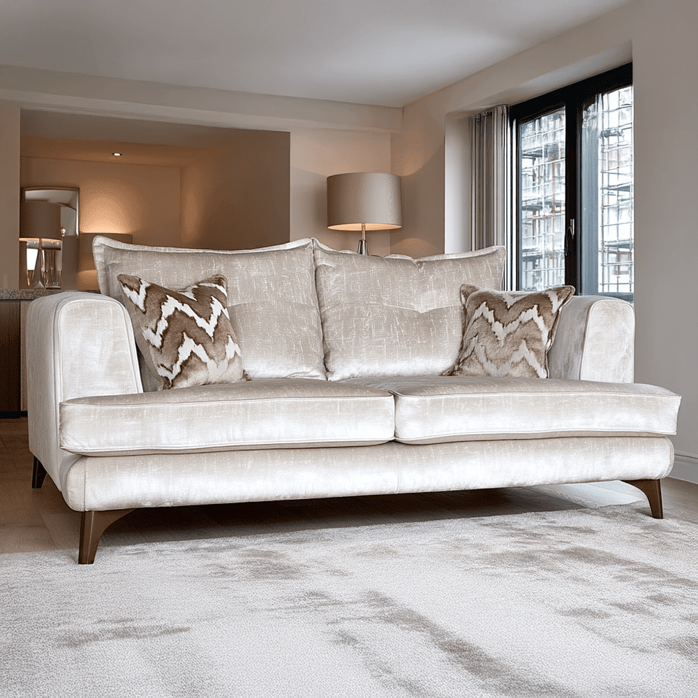 In Stock - Gisele Oyster & Taupe Textured Chenille 4 Seater Sofa with Walnut Legs
