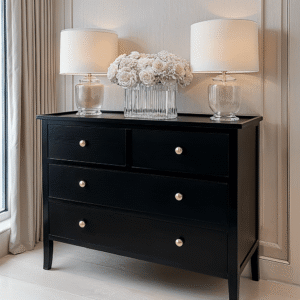 In Stock - Henrik Black 4 Drawer Chest with Gold Handles