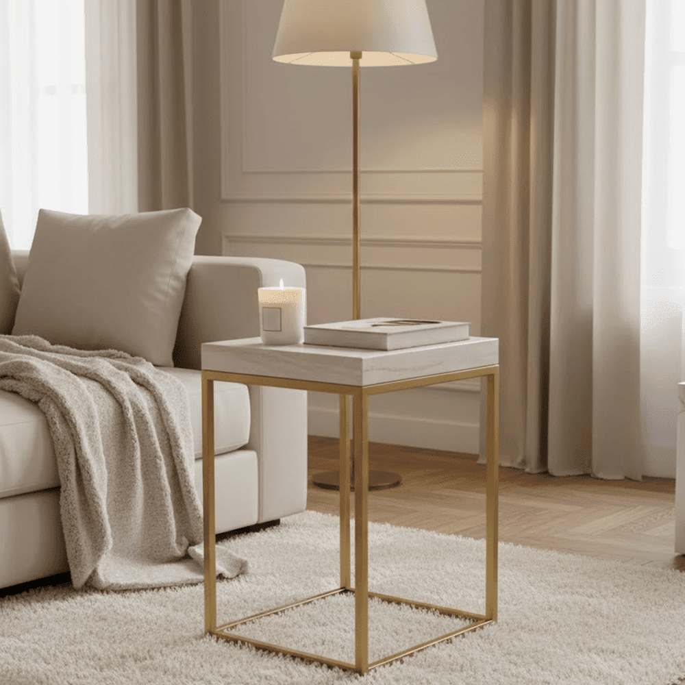 In Stock - Robyn Beige Granite & Gold Square Side Table