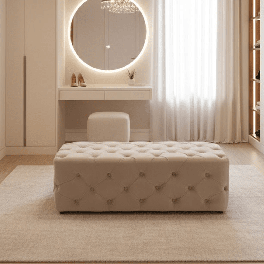 Ismerie Greige Velvet Buttoned Bench
