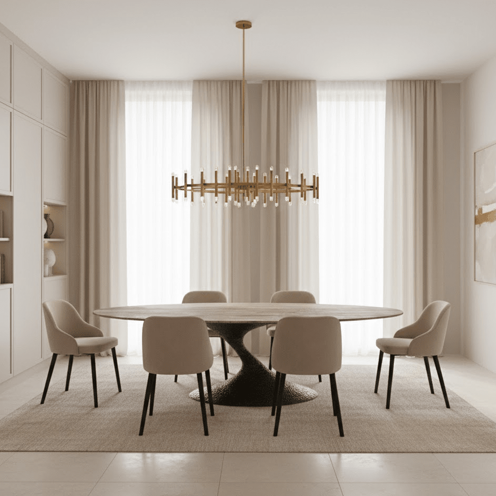 Iva Aluminium Sculptural Oval Dining Table with Travertine Top