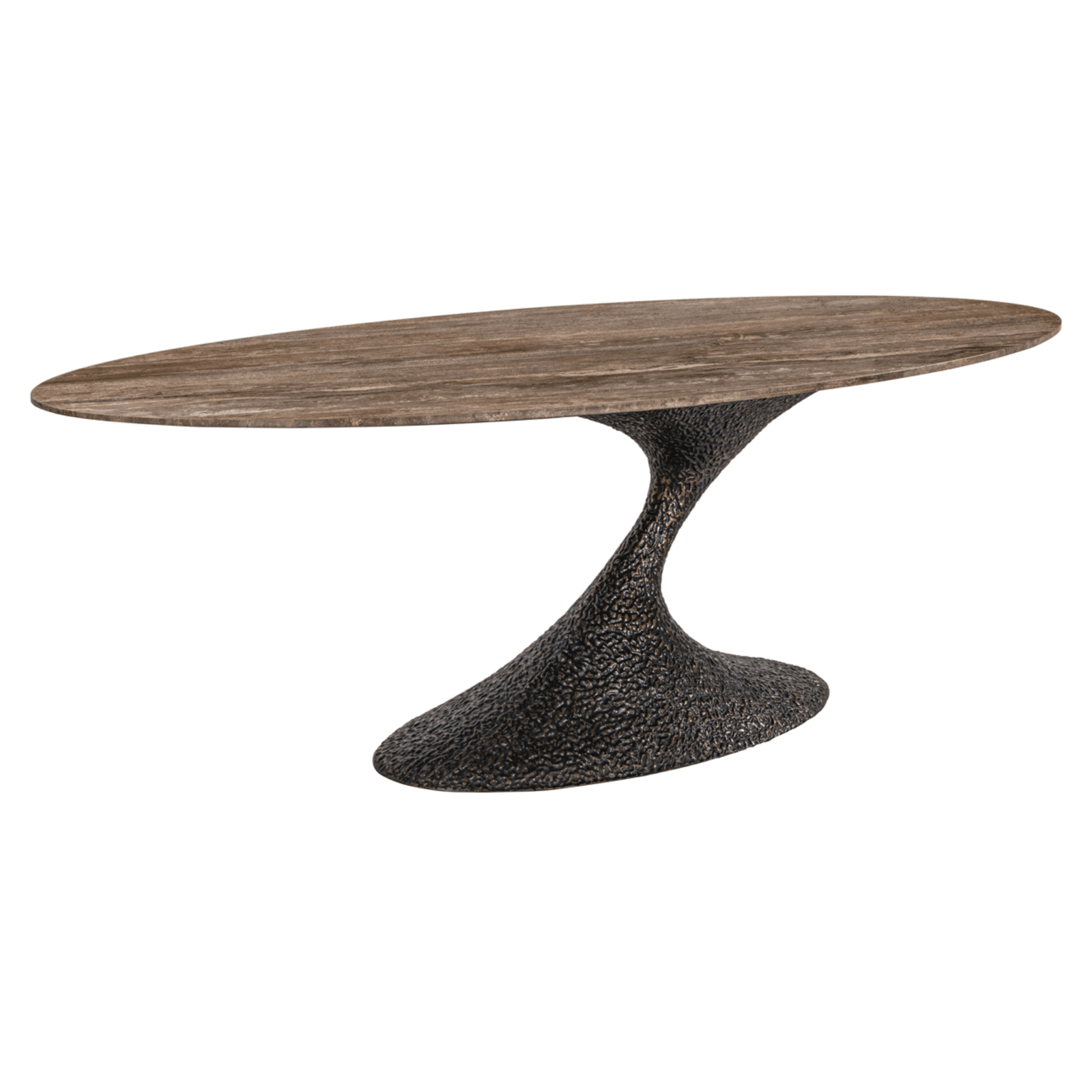 Iva Aluminium Sculptural Oval Dining Table with Travertine Top