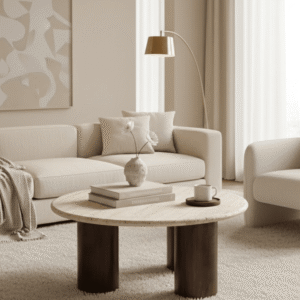 Jadine Deep Brown Round Coffee Table with Travertine Marble Top