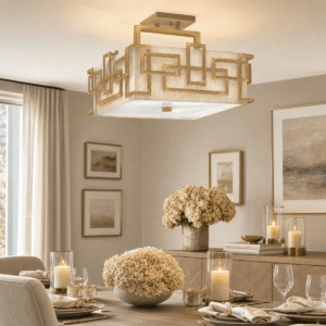 Jennifer Brushed Brass 3 Light Semi-Flush Ceiling Light with Linen Shade