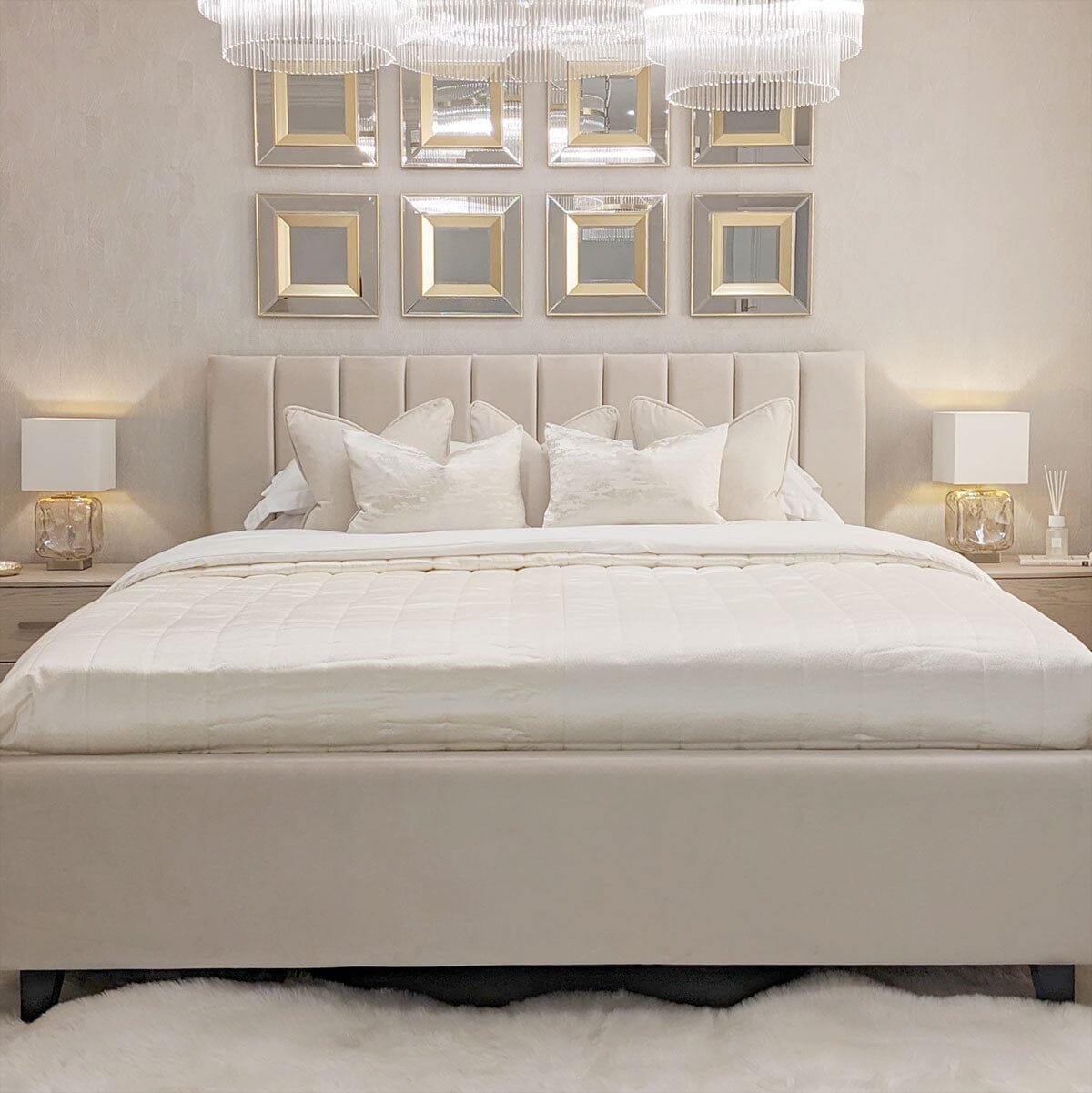 Jessabelle Luxury Vanilla Velvet Panelled Ottoman Storage Bed